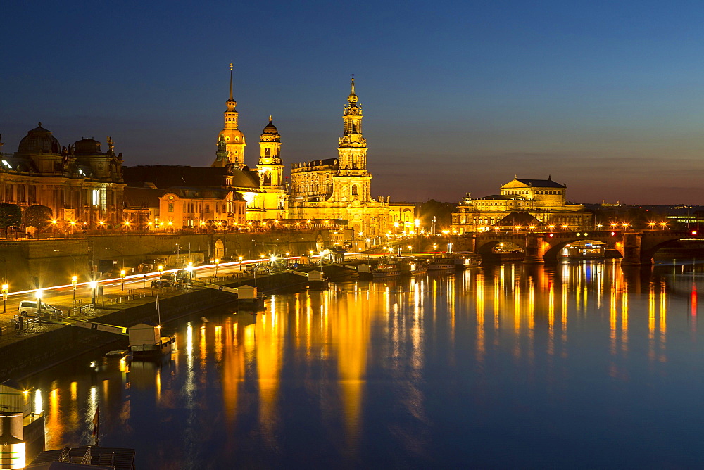 Cityscape with river Elbe and Dresden Cathedral, Dresden, Saxony, Germany, Europe