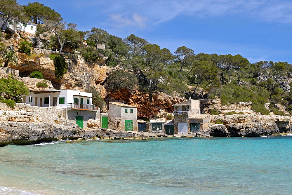 Boathouses, Cala Llombards, Majorca, Balearic Islands, Spain, Europe