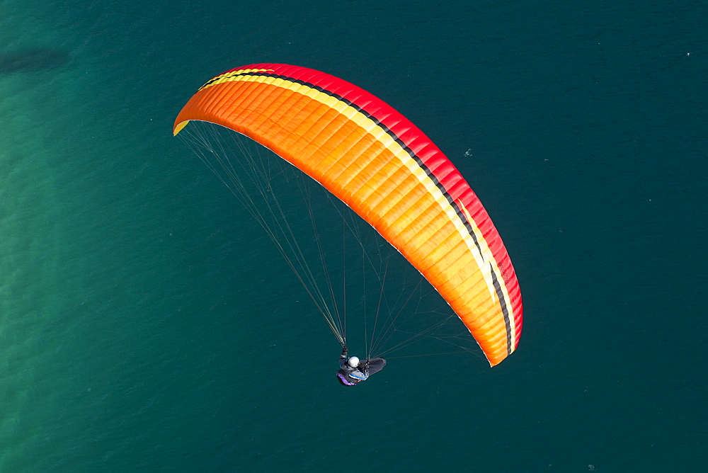 Paragliding over Molveno Lake, Trentino Province, Italy, Europe