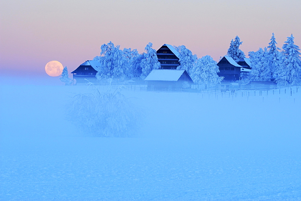 Full moon in an idyllic winter landscape, Mueswagnen, Aargau, Switzerland, Europe