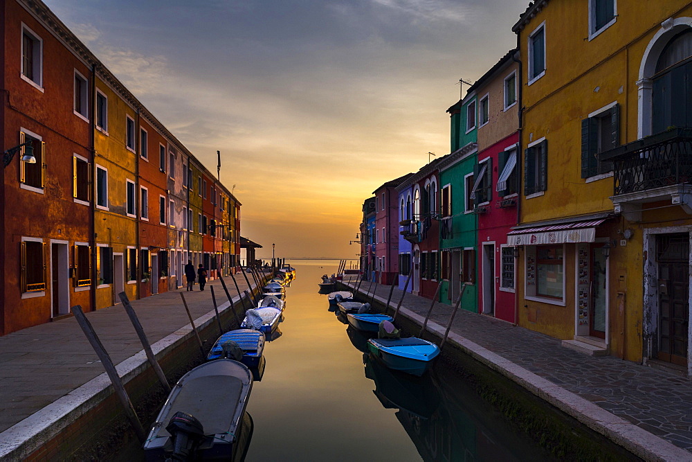 Colorful houses on canal at sunset, Burano, Venice, Veneto, Italy, Europe