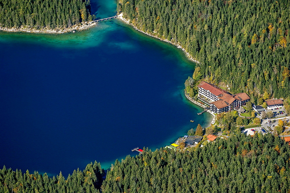 View of Eibsee Lake and Eibsee-Hotel from Zugspitze, Grainau, Werdenfelser Land, Upper Bavaria, Bavaria, Germany, Europe