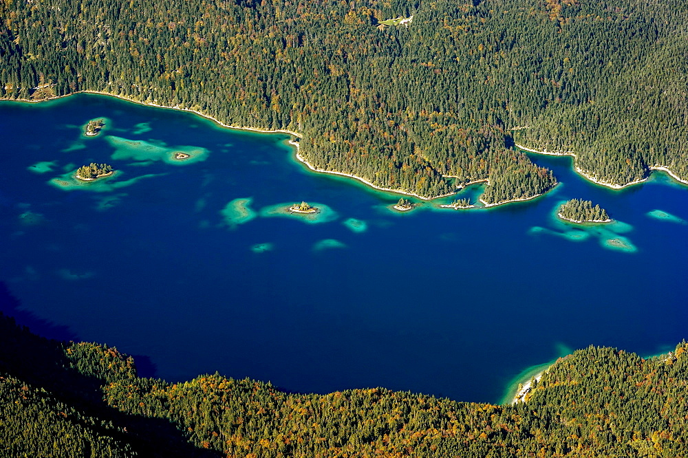 View of Eibsee Lake and Eibsee-Hotel from Zugspitze, Grainau, Werdenfelser Land, Upper Bavaria, Bavaria, Germany, Europe