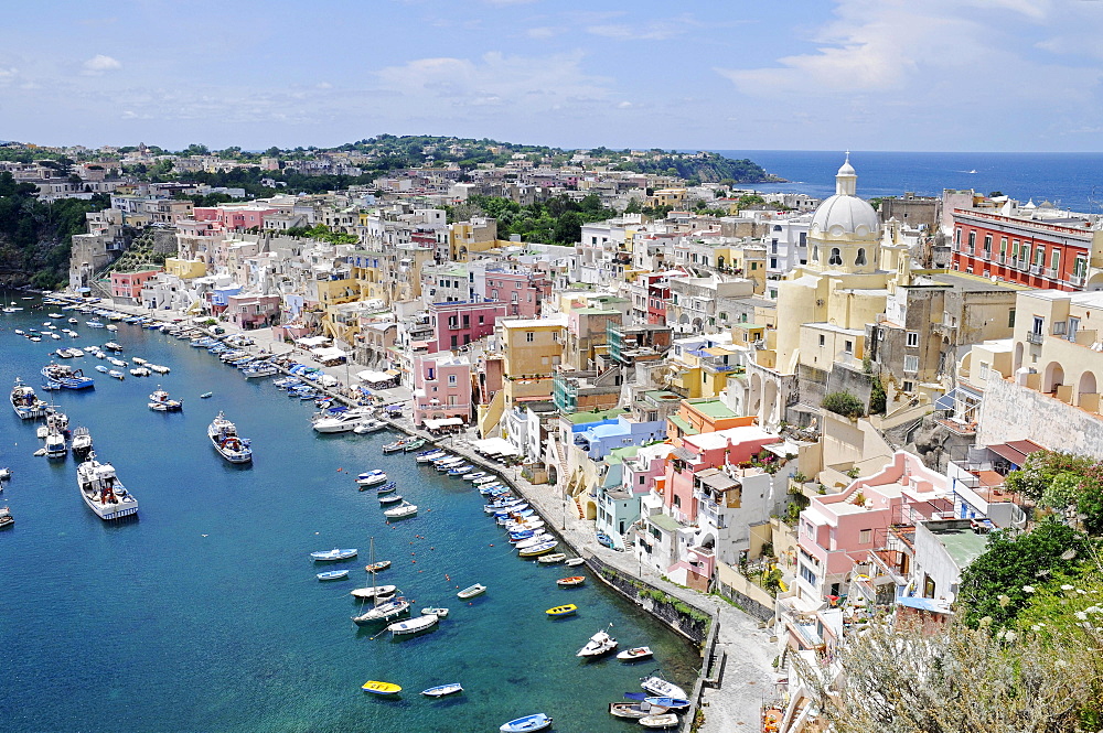 Port of Corricella, Church of Santa Maria delle Grazie, Marina di Corricella, Procida, Campania, Southern Italy, Italy, Europe