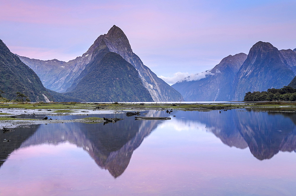 Mitre Peak at dawn, Fiordland National Park, Milford Sound, South Island, New Zealand, Oceania