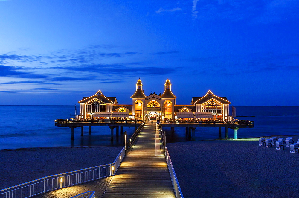 Lit up pier Sellin, Ruegen island, Mecklenburg-Western Pomerania, Germany, Europe