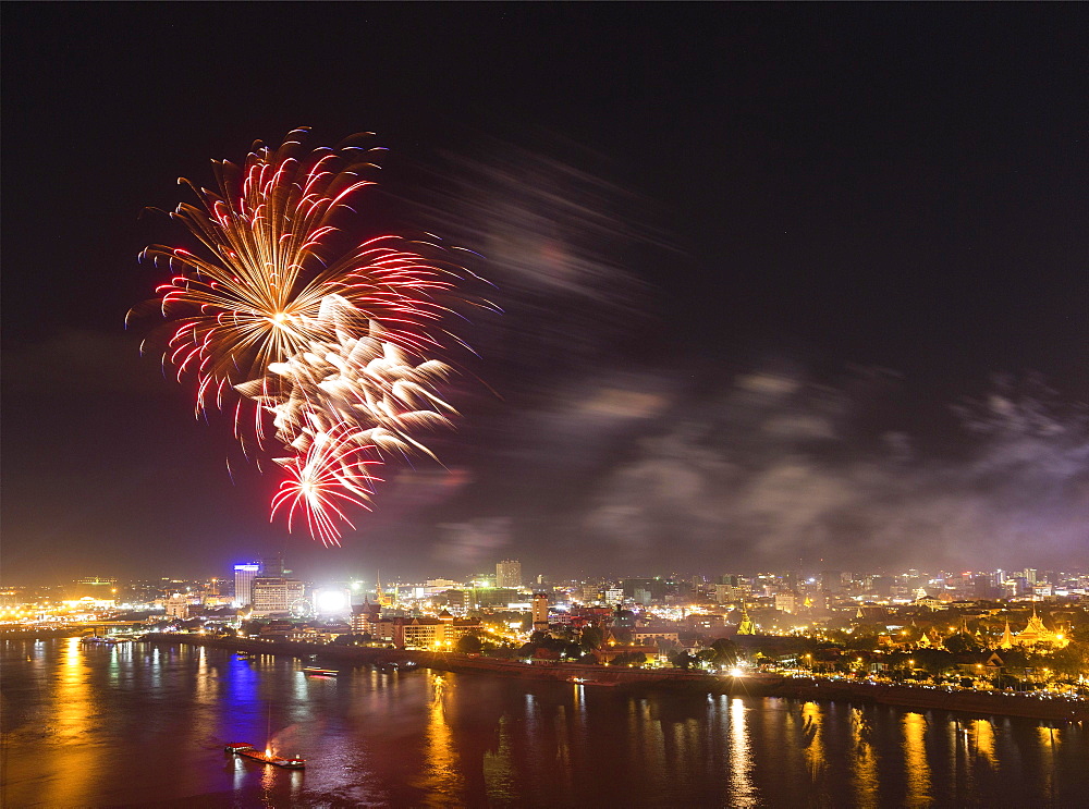 Fireworks over Tonlé Sap and Mekong, city view, Phnom Penh, Cambodia, Asia