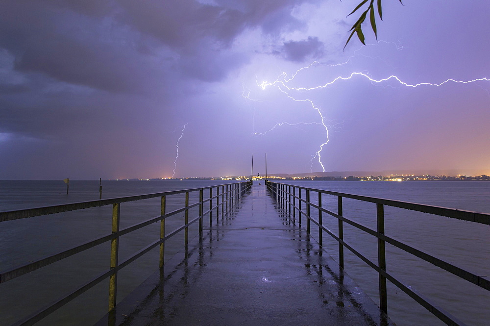 Storm over Lake Constance, jetty of Konstanz-Therme, Konstanz, Baden-Wurttemberg, Germany, Europe