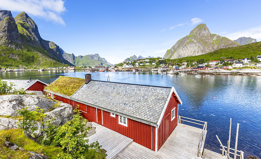 Red house with a view over the fjord in summer, Reine or Rorbuer Rorbu fishing village, Reinefjord, Moskenesøy, Lofoten, Norway, Europe