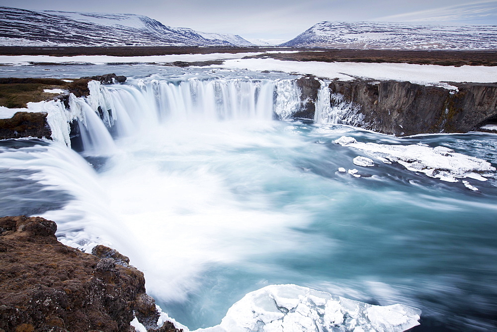 Godafoss in winter, Fossholl, Southern Region, Iceland, Europe