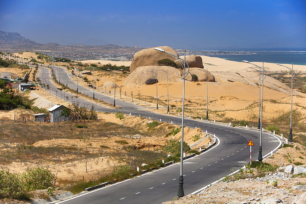 Lonely coastal road, Highway at Phan Rang, Ninh Thuan province, Vietnam, Asia