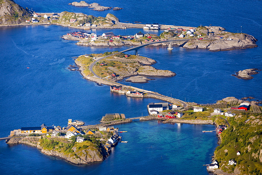 View from Reinebringen, Reinebriggen, 442m, view towards Hamnoy, Moskenes, Moskenesøy, Lofoten, Norway, Europe