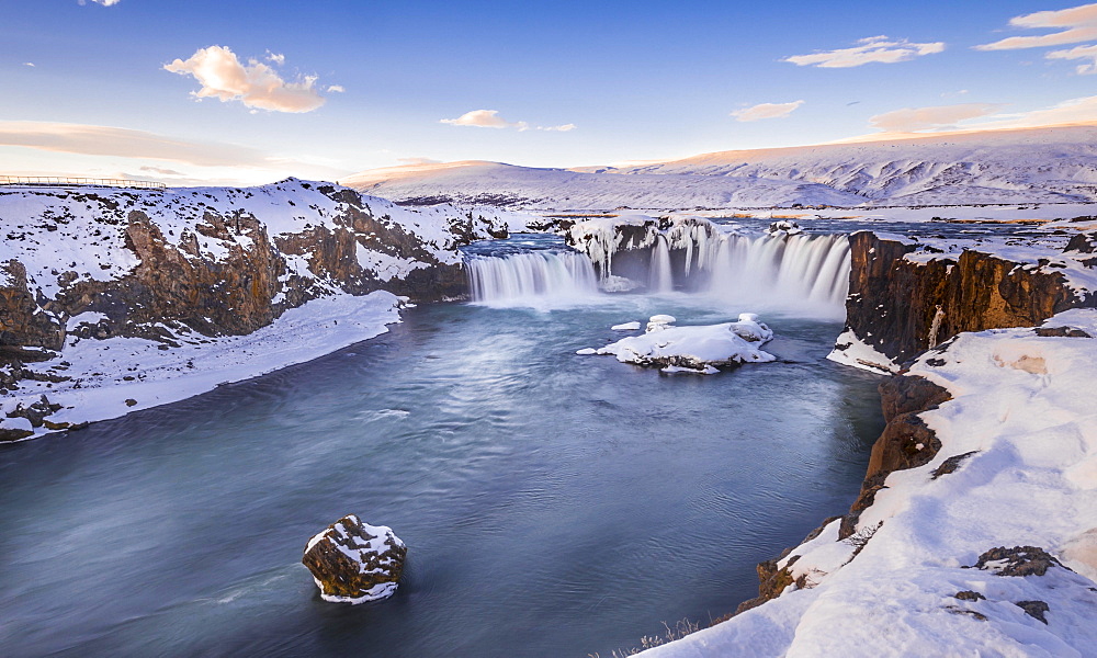 Evening trimming, waterfall Góðafoss, Godafoss in winter with snow and ice, Skjálfandafljót river, Norðurland vestra, Northern Iceland, Iceland, Europe