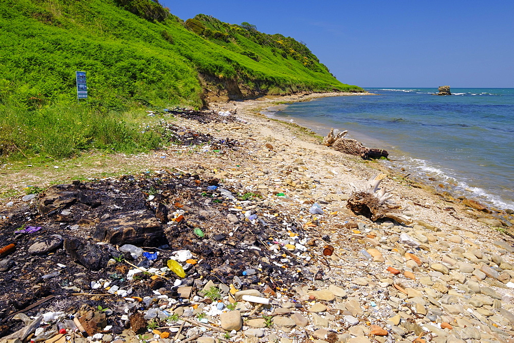 Garbage on the beach, Cape Rodon, Kepi i Rodonit, Adriatic Sea, municipality of Ishem, Durres, Durres, Albania, Europe