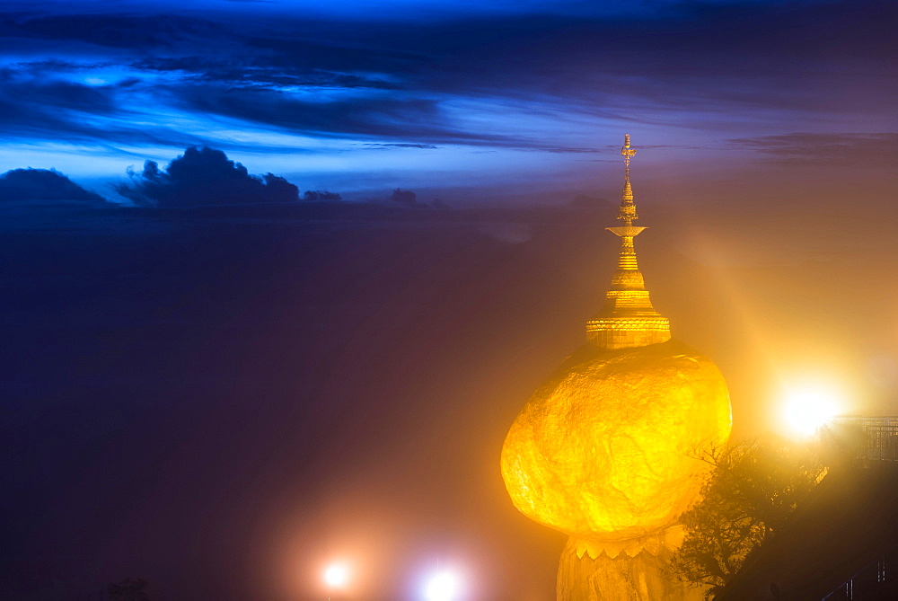 Illuminated Golden Rock at night with Kyaiktiyo Pagoda, Kyaikto, Thaton District, Mon State, Myanmar, Asia