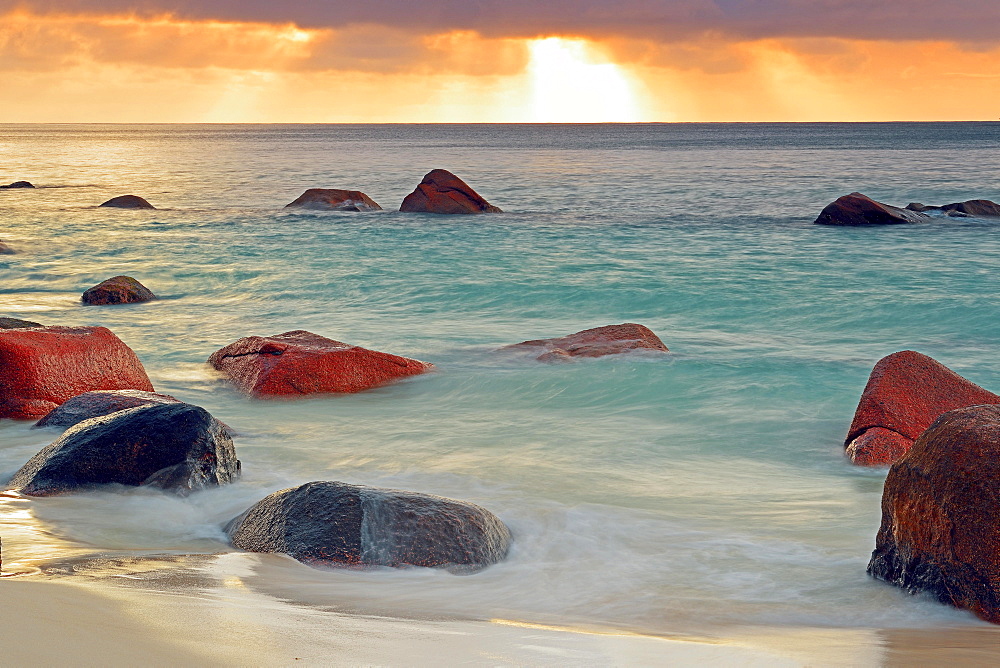 Colorful sunset at Anse Lazio, long exposure, Praslin Island, Seychelles, Africa