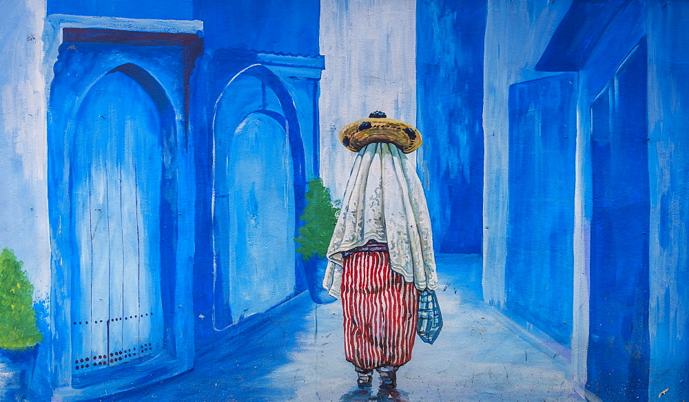 Blue Mural on Facade, Local in an Alley, Blue Houses, Medina of Chefchaouen, Chaouen, Tangier-Tétouan, Morocco, Africa