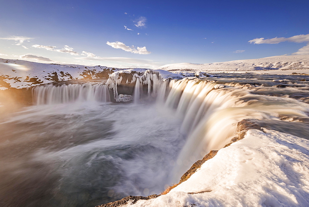 Waterfall Góðafoss, Godafoss in winter with snow and ice, Skjálfandafljót river, Norðurland vestra, Northern Iceland, Iceland, Europe