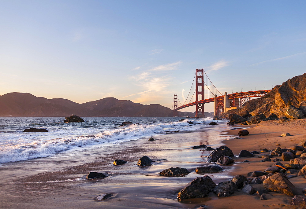 Golden Gate Bridge, Marshall's Beach, rocky coast, San Francisco, USA, North America