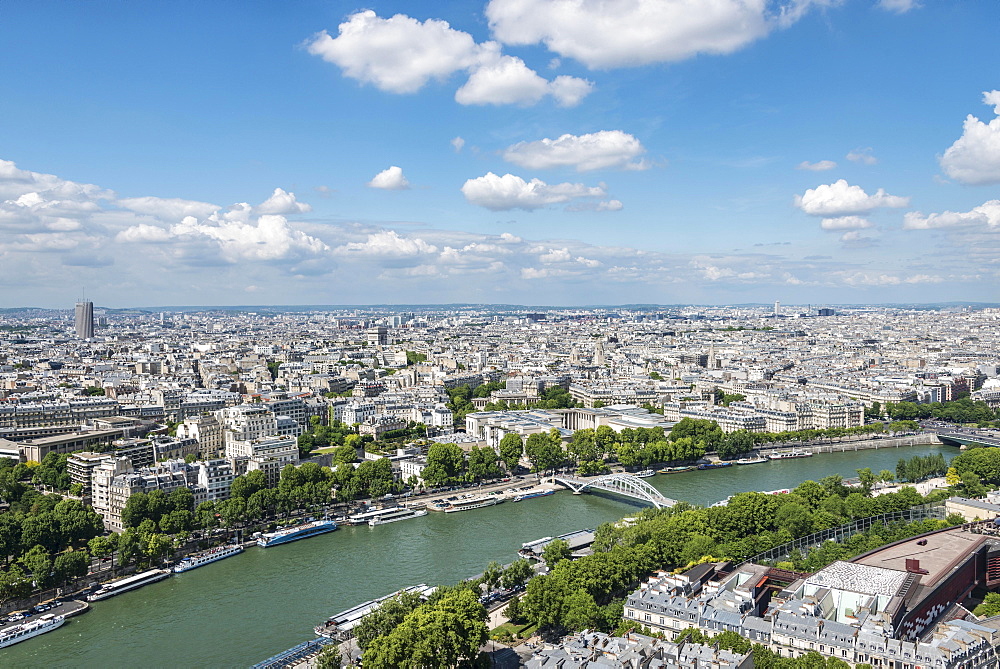 Cityscape, view from the Eiffel Tower over the Seine river, Paris, Ile-de-France, France, Europe