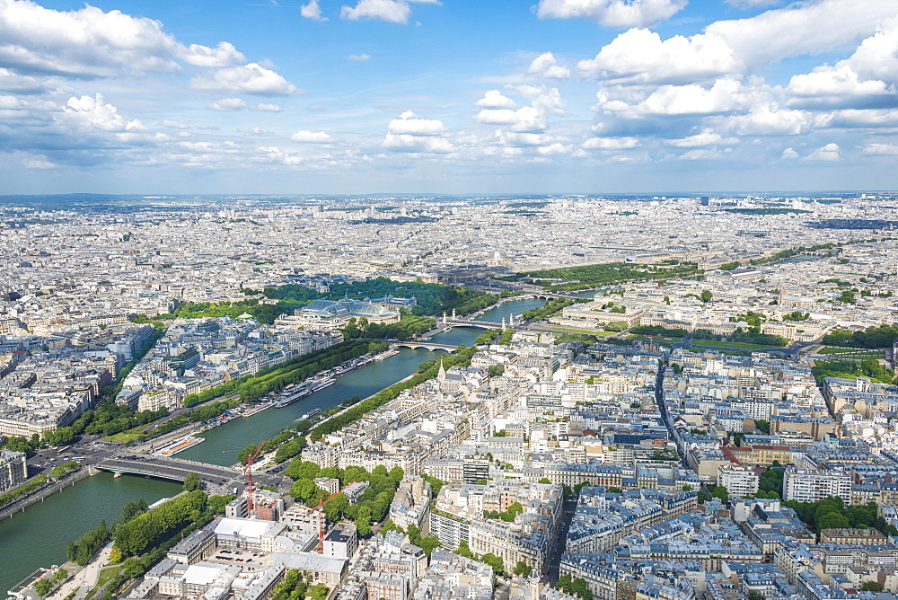 Cityscape, view from the Eiffel Tower over the Seine river, Paris, Ile-de-France, France, Europe