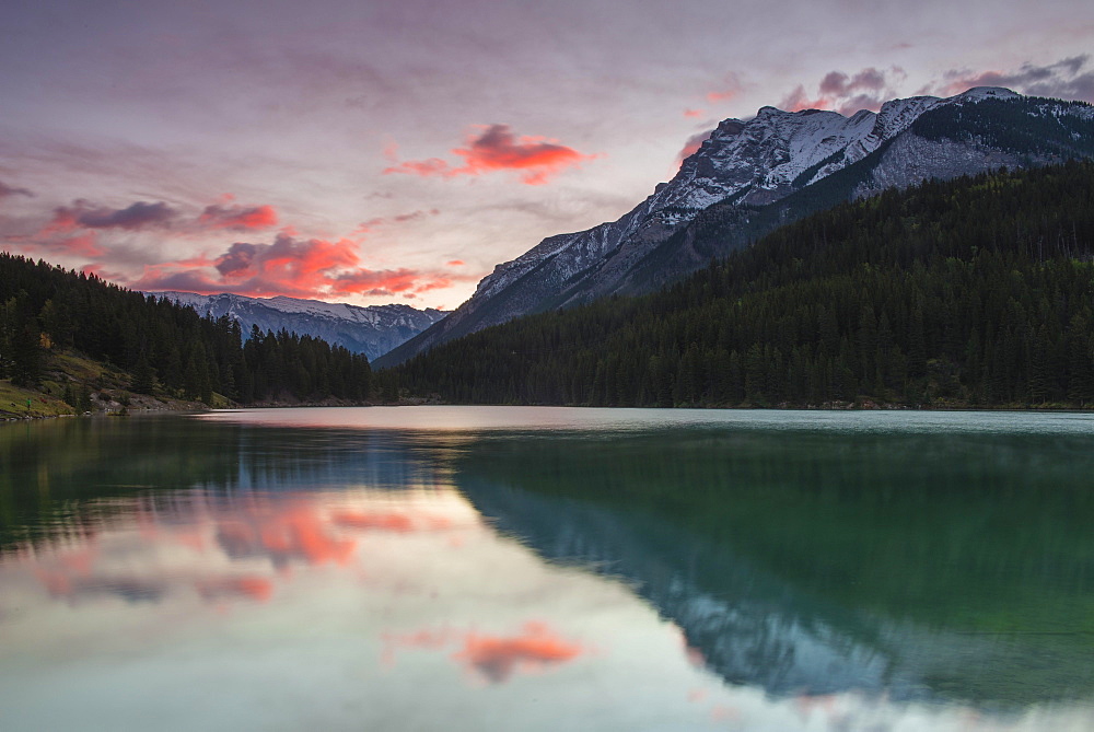 Cloudy atmosphere on Two Jack Lake, Banff National Park, Canadian Rockies, Alberta Province, Canada, North America