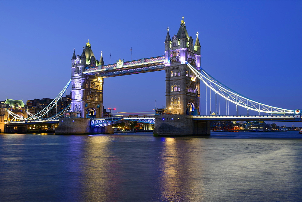 Tower Bridge illuminated at night, Thames, London, England, United Kingdom, Europe