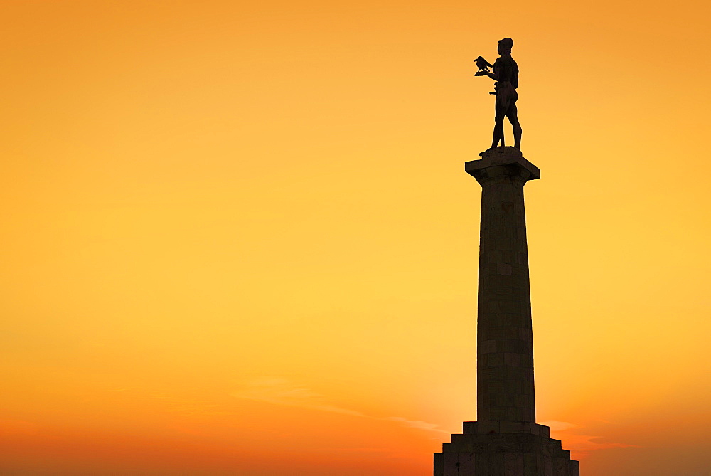 The Victor Monument, silhouette in afterglow, Pobednik, Kalemegdan, Belgrade, Serbia, Europe