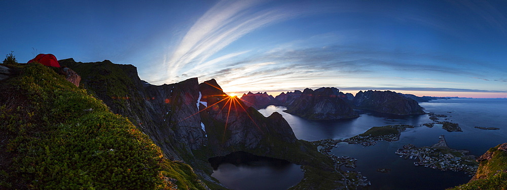 View from Reinebringen, Reinebriggen towards Reine and Reinefjord with mountains, midnight sun, Moskenes, Moskenesøy, Lofoten, Norway, Europe