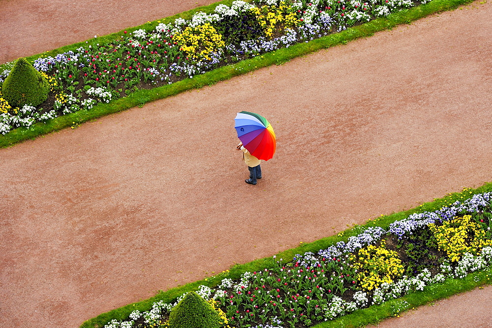 Person with umbrella in rainbow colors on a red gravel path between flower beds in the castle gardens, Fuldaer Stadtschloss City Palace, Fulda, Hesse, Germany, Europe