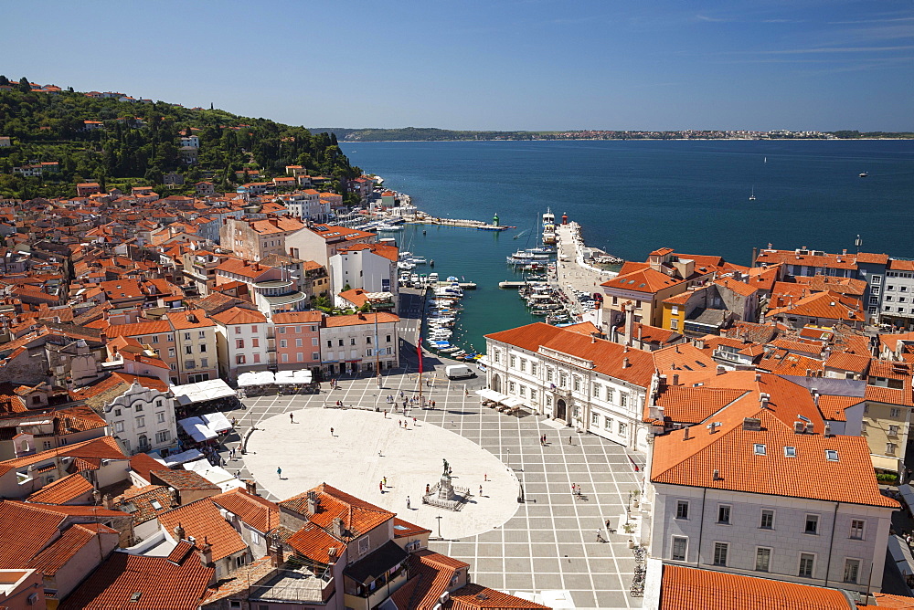 View of the historic centre with the harbour and Tartini Square, Piran, Istria, Slovenia, Europe