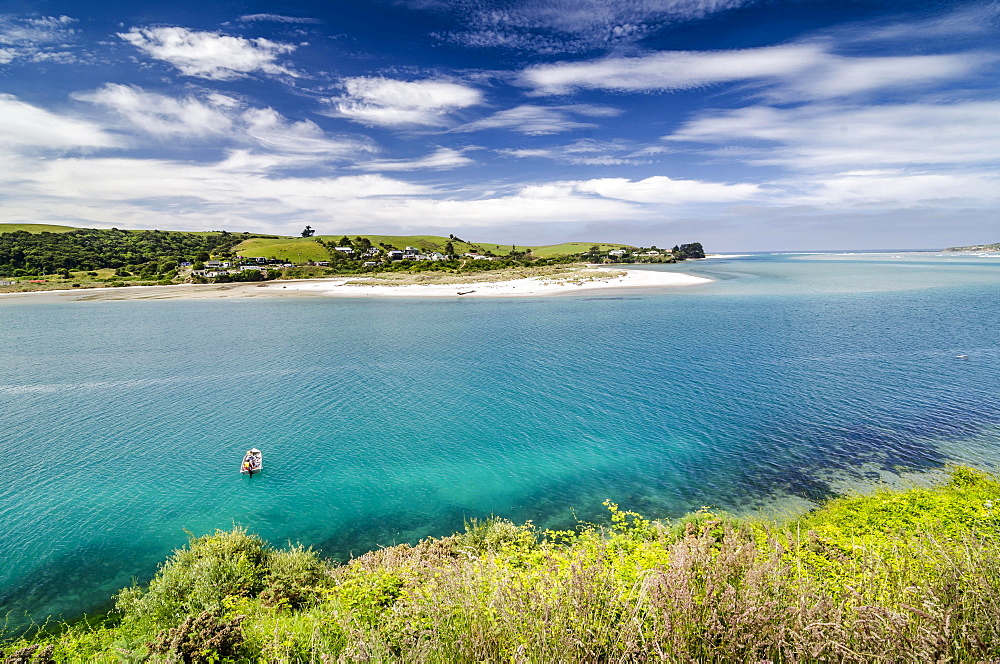 Boat in the bay of Taieri, Otago Region, South Island, New Zealand, Oceania