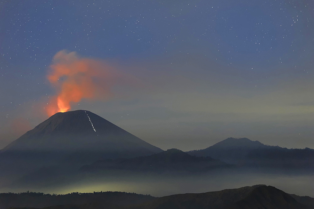 Active Gunung Bromo volcano at night, Bromo-Tengger-Semeru National Park, Java, Indonesia, Asia