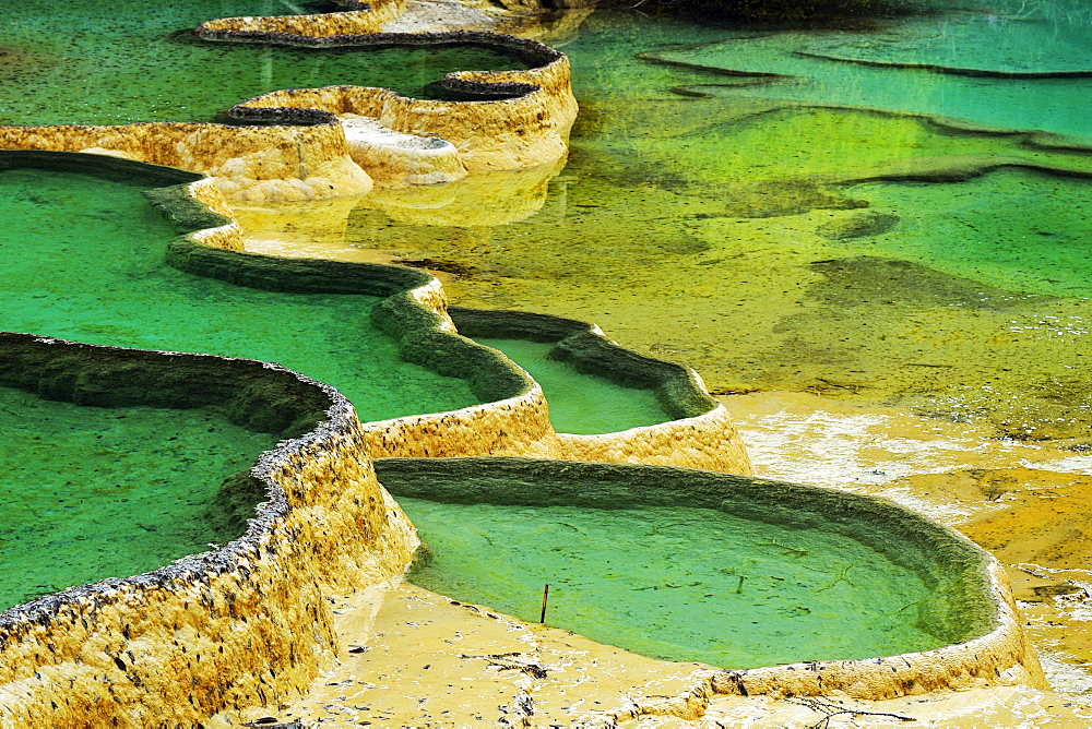 Lime terraces with lakes, Huanglong National Park, Sichuan Province, China, Asia