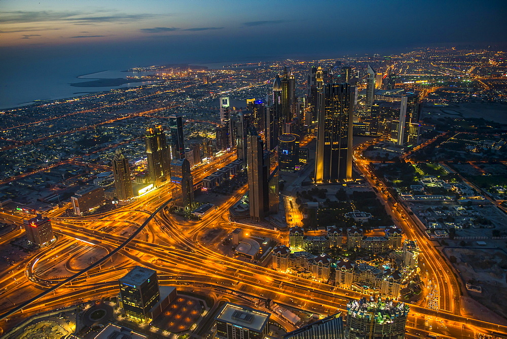 View from Burj Khalifa at night, Dubai, Emirate of Dubai, United Arab Emirates, Asia