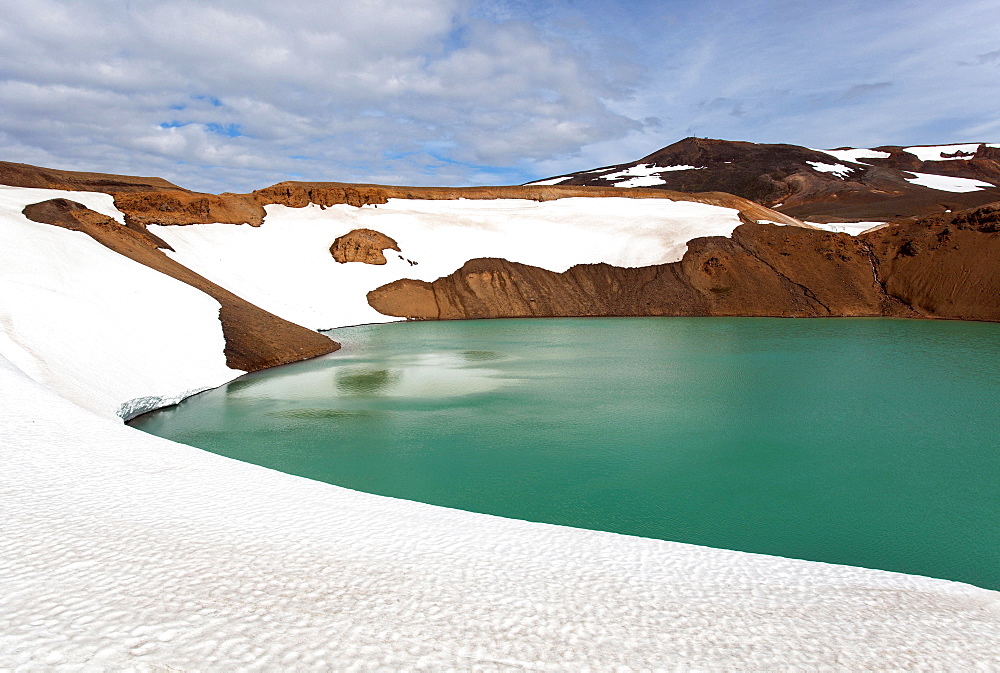 Snow fields, volcanic lake, turquoise water, Krafla, Iceland, Europe