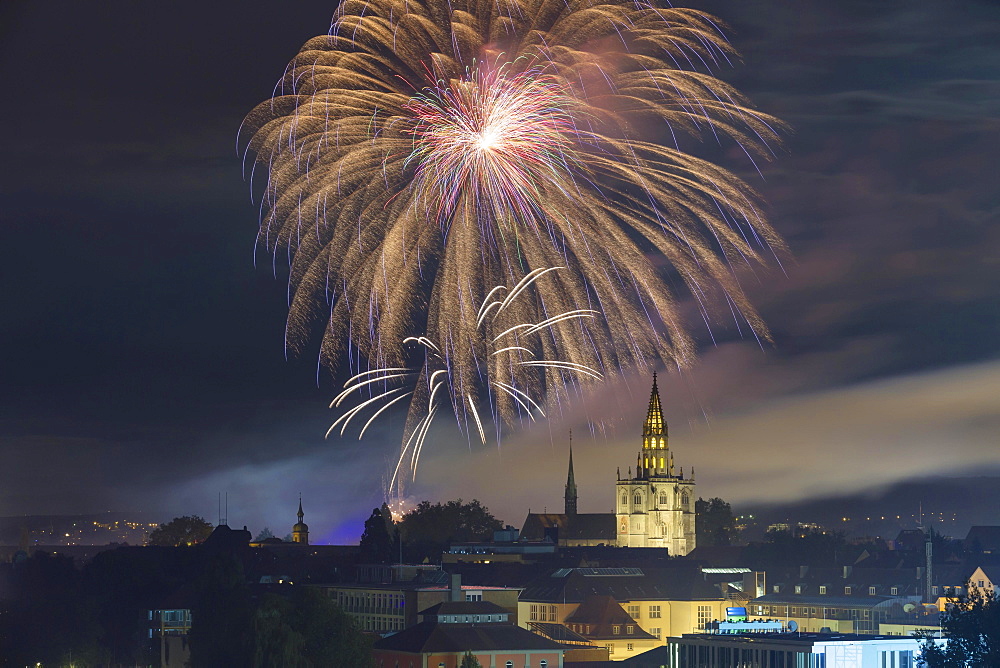 Cathedral of Our Lady with fireworks during the Seenachtfest Festival, Konstanz, Baden-Wurttemberg, Germany, Europe