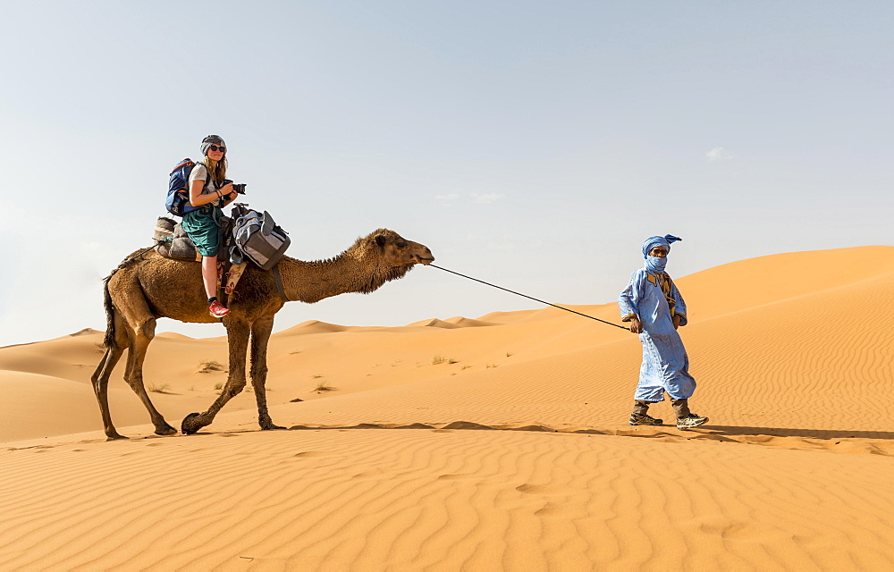 Tourist on a dromedaries with bedouin (Camelus dromedarius), sand dunes in the desert, Erg Chebbi, Merzouga, Sahara, Morocco, Africa