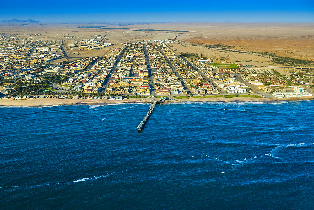 Aerial view, Swakopmund, Jetty and downtown, Erongo region, Namibia, Africa