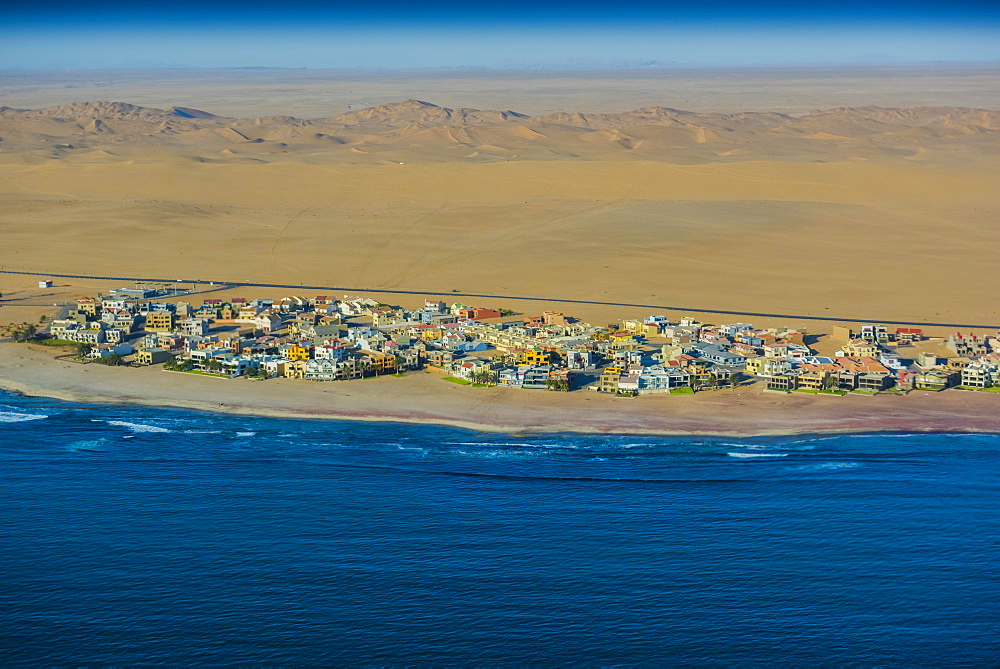 Aerial view, Dolfynstrand, district Langstrand, district of Walvis Bay, seaside resort, Namib Desert, Erongo region, Namibia, Africa