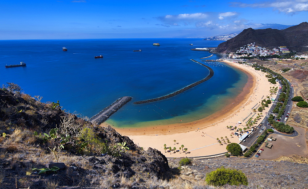 Aerial view, sandy beach, Playa de las Teresitas, San Andres, Tenerife, Canary Islands, Spain, Europe