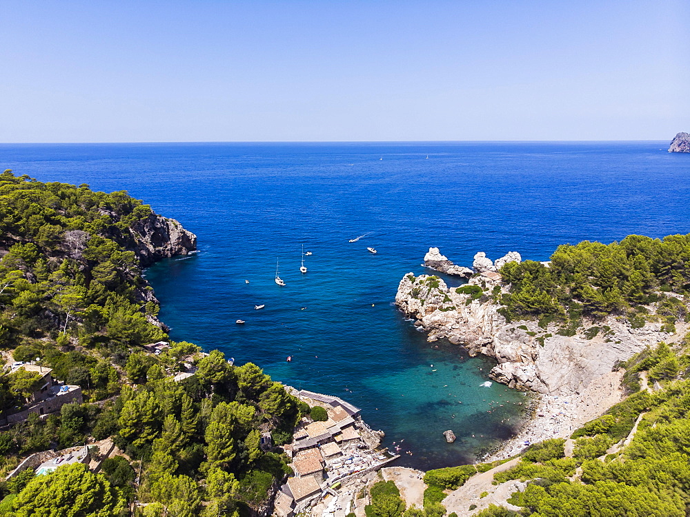 Aerial view, Cala Deia bay, Deia, Serra de Tramuntana, Majorca, Balearic Islands, Spain, Europe