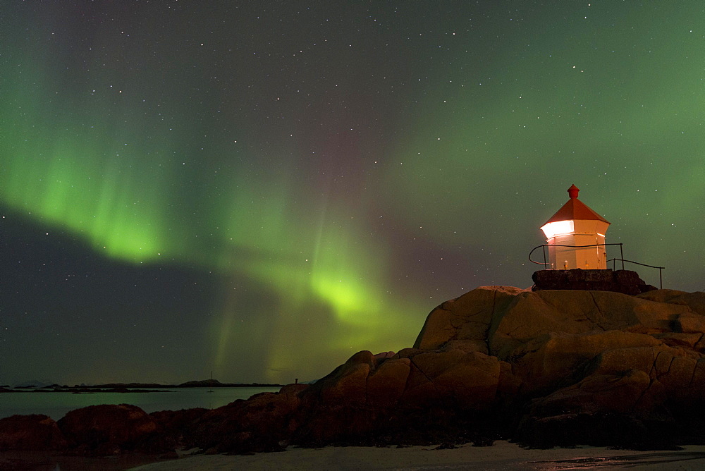 Northern Lights over a lighthouse, Eggum, Vestvagoy, district of Lofoten, Norway, Europe