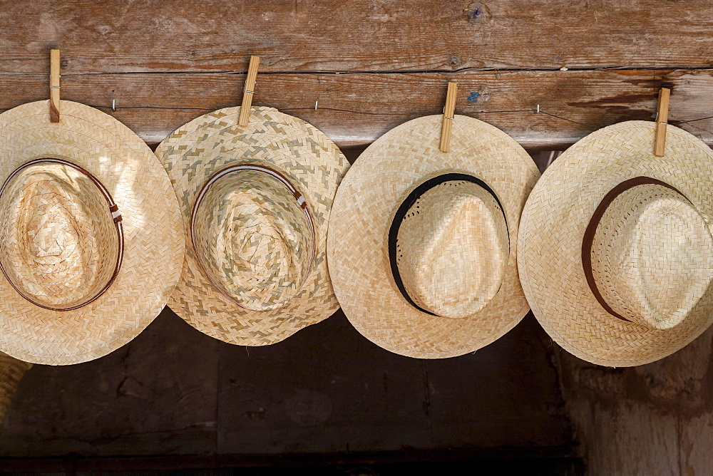 Straw hats for sale, farmer's market in Sineu, Majorca, Balearic Islands, Spain, Europe