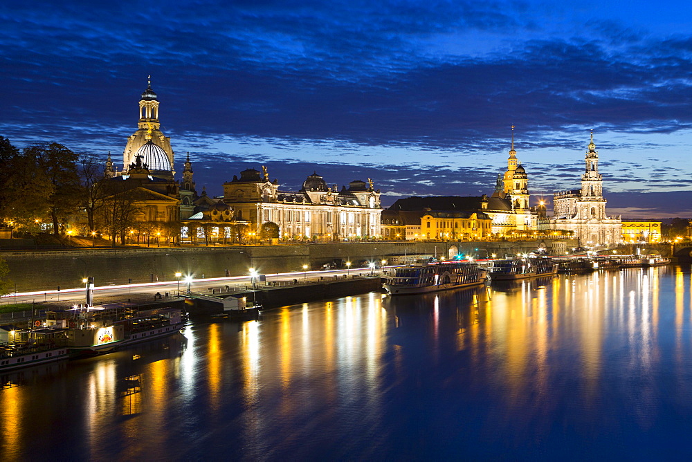 Cityscape at night with Frauenkirche church, Dresden Cathedral and Dresden Castle, Elbe river, historic centre, Dresden, Saxony, Germany, Europe