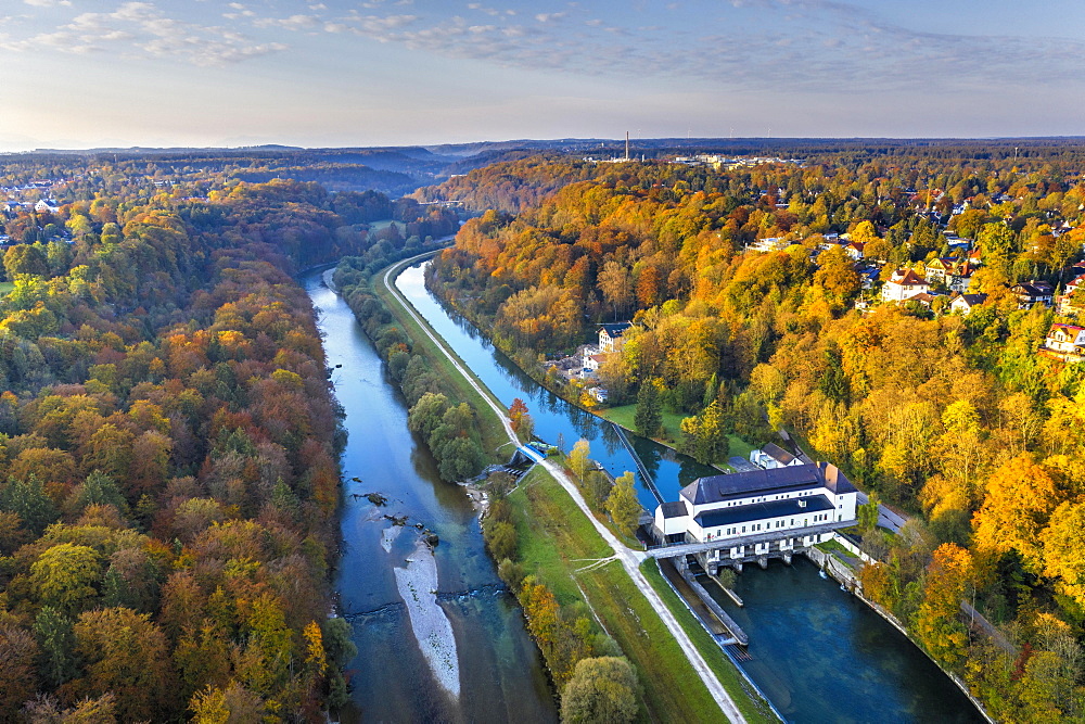 Pullach hydroelectric power plant power station, Isar and Isarkanal, Pullach in the Isar valley, Grunwald on the left, near Munich, drone image, Upper Bavaria, Bavaria, Germany, Europe