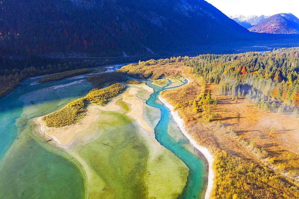 Isar, at the inflow into the Sylvenstein lake, Sylvenstein reservoir, drone image, Lenggries, Isarwinkel, Upper Bavaria, Bavaria, Germany, Europe