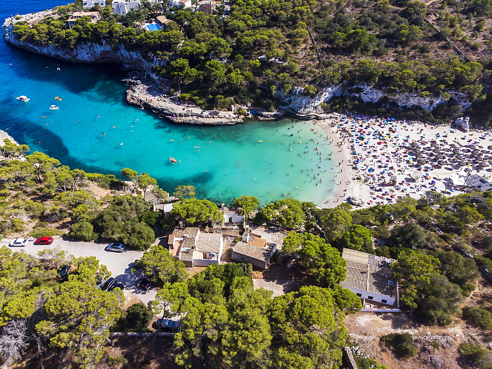 Aerial view, beach, bay Cala Llombards, Majorca, Balearic Islands, Spain, Europe