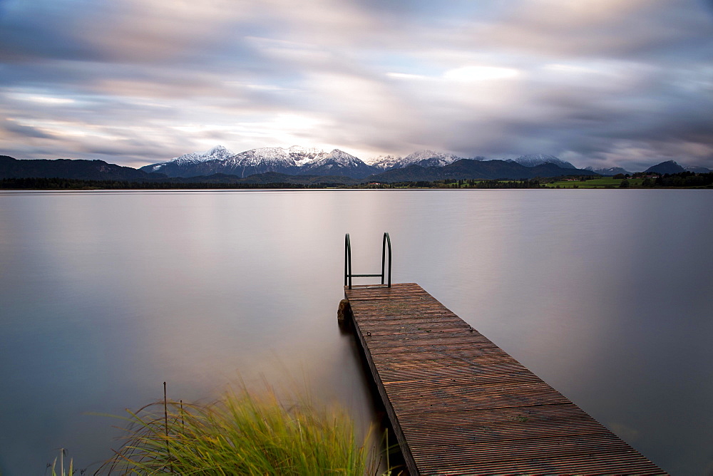 Wharf on Hopfensee lake, near Fussen, East Allgau, Bavaria, Germany, Europe