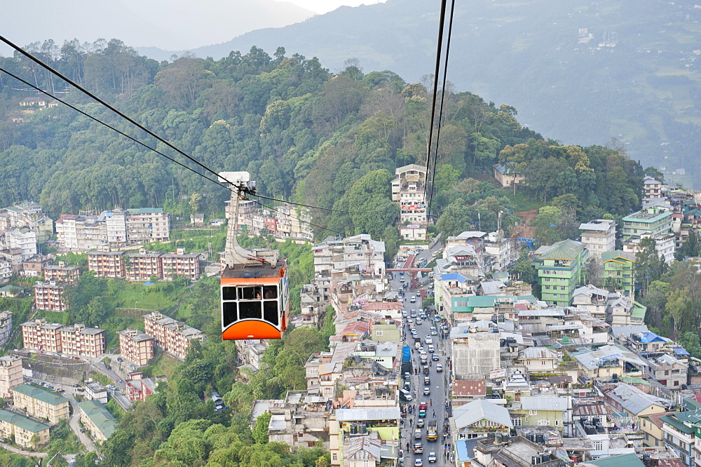 Gondola of a cable car and the town of Gangtok, aerial view, Sikkim, Himalayas, India, Asia